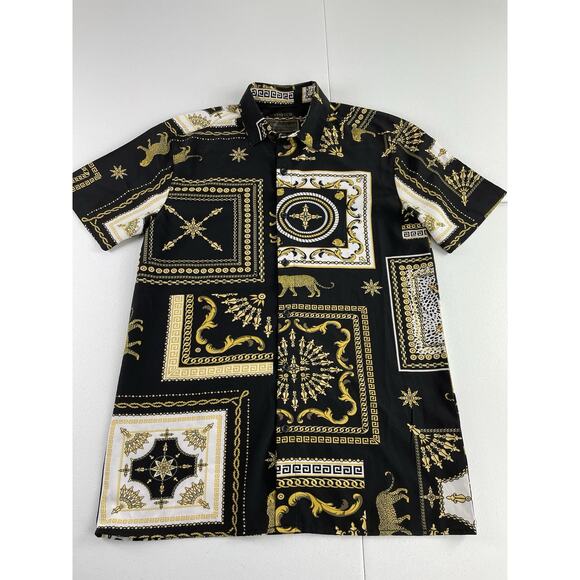 Baroque Gold Men’s Short Sleeve Button Shirt Black Gold Small Drill Leopard - Picture 1 of 9